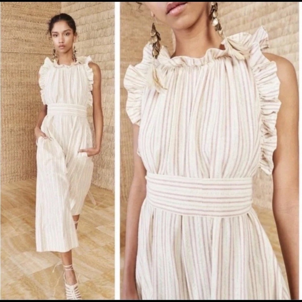 Ulla Johnson Simka Jumpsuit Striped Beige Metallic Ruffle‎ Sleeveless 2 No Belt